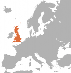 Map of Great Britain highlighted within Europe